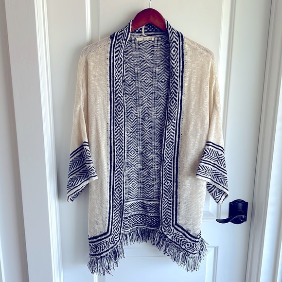 Ellison Woman’s Black Cream Fringe Knit Cardigan Geometric One Size - Picture 1 of 13
